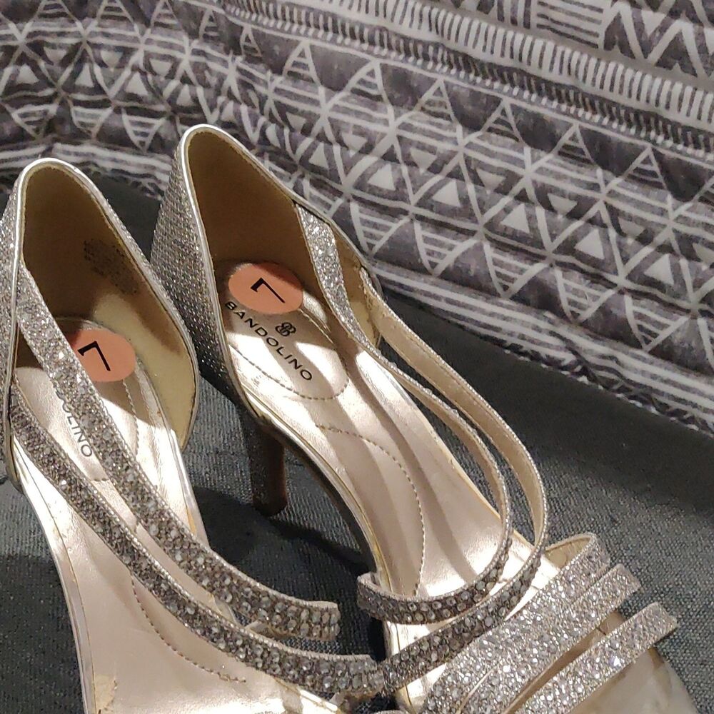 Bandolino Silver Glitter Strappy Open Toe Stiletto Heels Slip-On Women’s 7